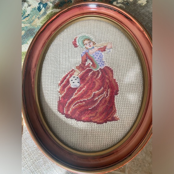 Vintage Needlepoint Set of Victorian Courting Lady and Gent 8x10 - Picture 5 of 11